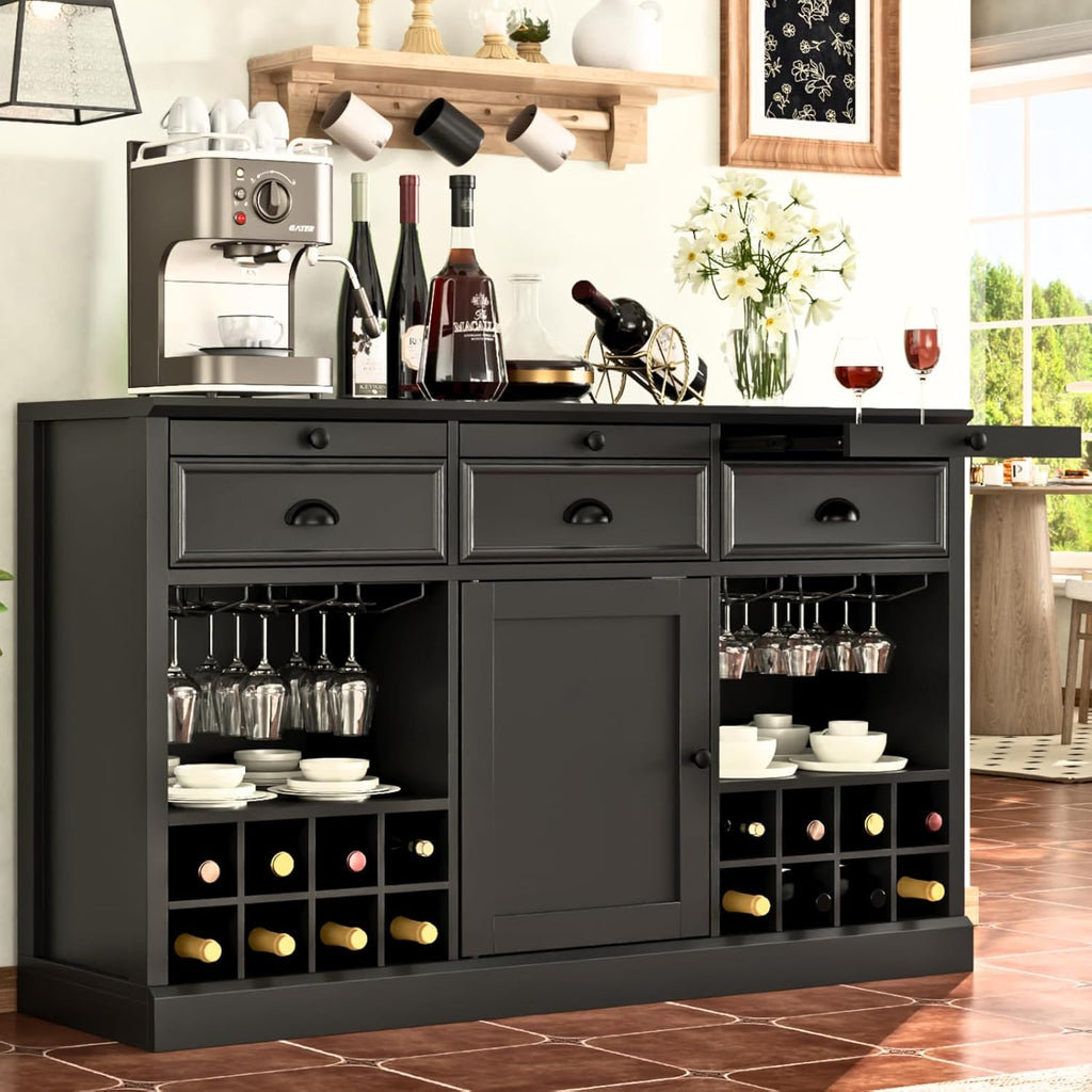 Loomie Wine Bar Cabinet with Pull-Out Trays & Drawers, Liquor Cabinet with Wine Rack & Stemware Holder, Coffee Bar Cabinet with Door & Adjustable Shelf, Kitchen Buffet Cabinet for Home Pub (Black)