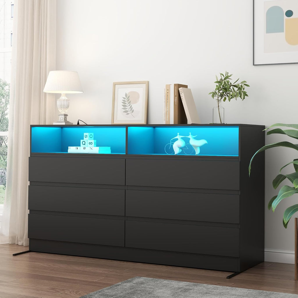 Loomie 6 Drawer Dresser for Bedroom, Wide Chest of Drawers with Charging Station and LED Lights, Traditional Bedroom Furniture, Modern Storage Dresser TV Stand for Living Room (Black)