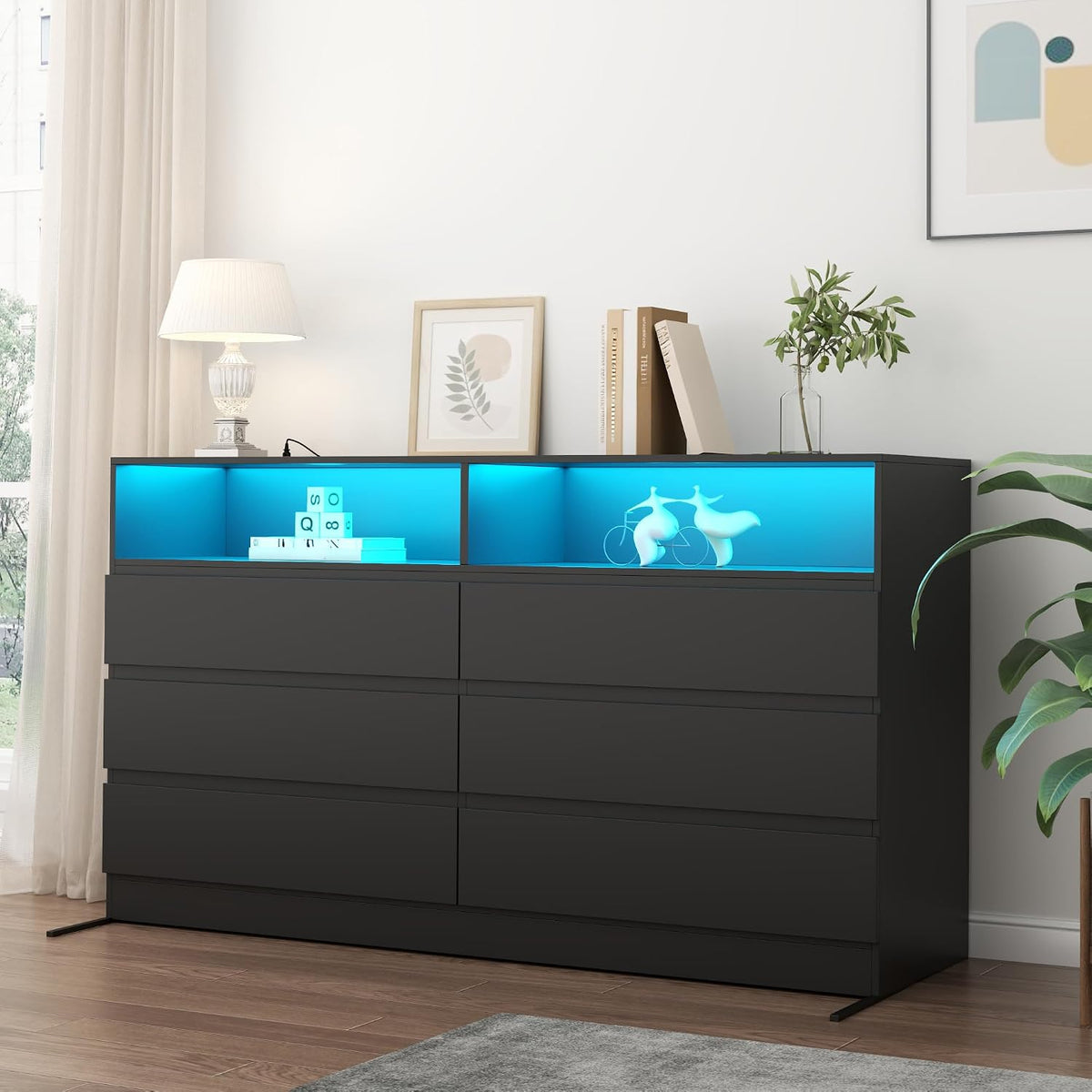 Loomie 6 Drawer Dresser for Bedroom, Wide Chest of Drawers with Charging Station and LED Lights, Traditional Bedroom Furniture, Modern Storage Dresser TV Stand for Living Room (Black)