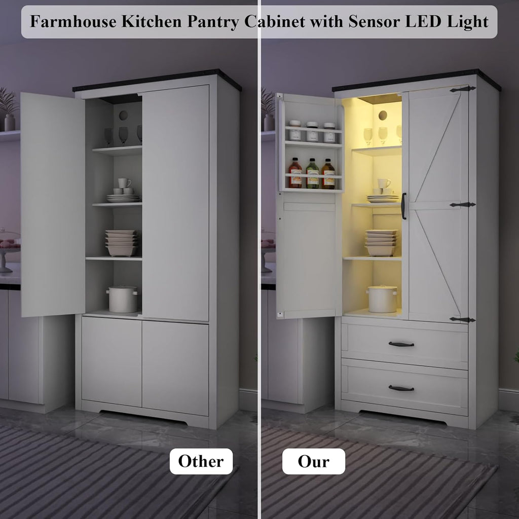 Loomie 71" Tall Farmhouse Kitchen Pantry with Sensor Light & Adjustable Shelves, Large Storage Cabinet with 2 Drawers & Adjustable Shelves, Rustic Wood Cupboard for Dining Room,Bathroom, Living Room