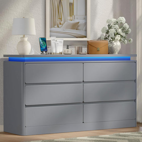6 Drawer Dresser for Bedroom,47.24" Long Grey Chest of Drawers w/LED Lights