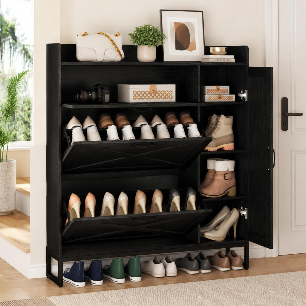 Loomie Farmhouse Flip Drawer Shoe Cabinet, Shoe Organizer with Side Cabinet
