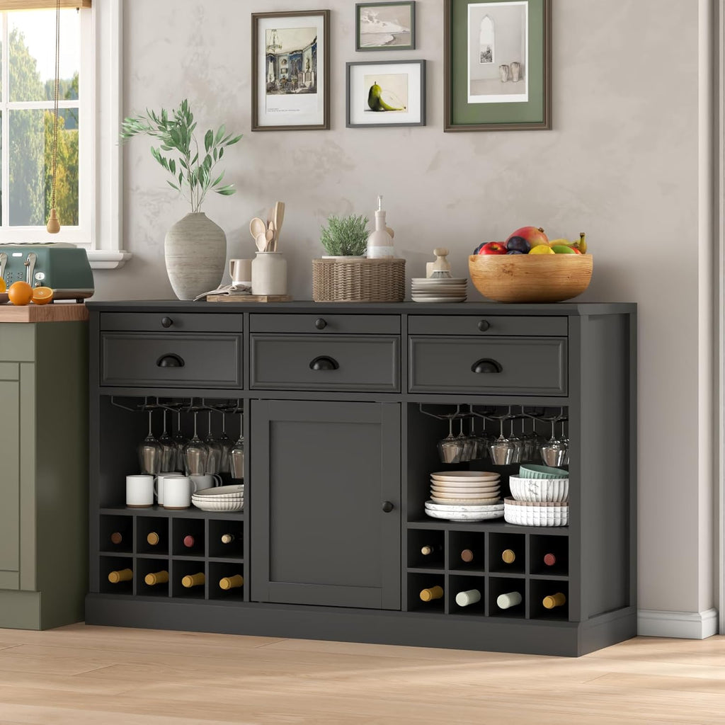 Loomie Wine Bar Cabinet with Pull-Out Trays & Drawers, Liquor Cabinet with Wine Rack & Stemware Holder, Coffee Bar Cabinet with Door & Adjustable Shelf, Kitchen Buffet Cabinet for Home Pub (Black)