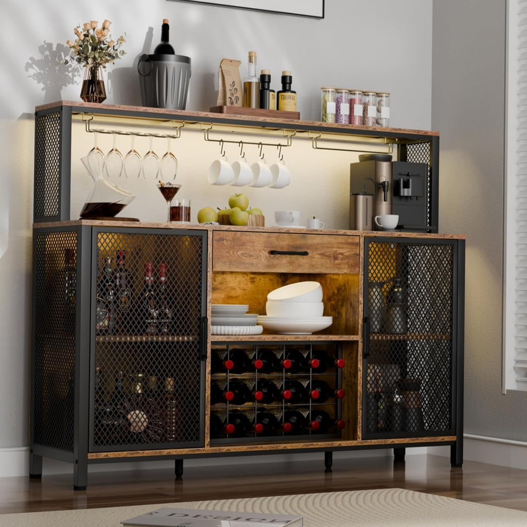 Large Bar Cabinet with Drawer Storage, Rustic Long Wine Cabinet with LED Lights, Farmhouse Wood Metal Liquor Cabinet with Wine Rack and Glass Goblet Holder, Sideboard Buffet for Kitchen,Dining Room