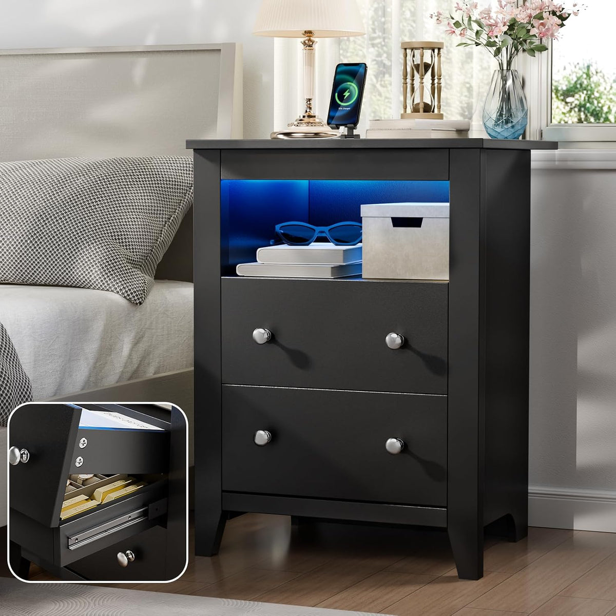 Nightstand w/Gun Drawer, Black Night Stand w/Charging Station & LED Lights