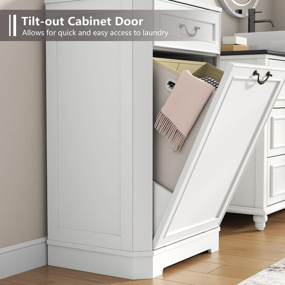 Tilt Out Laundry Hamper Cabinet, Hidden Laundry Cabinets w/Drawer & Basket