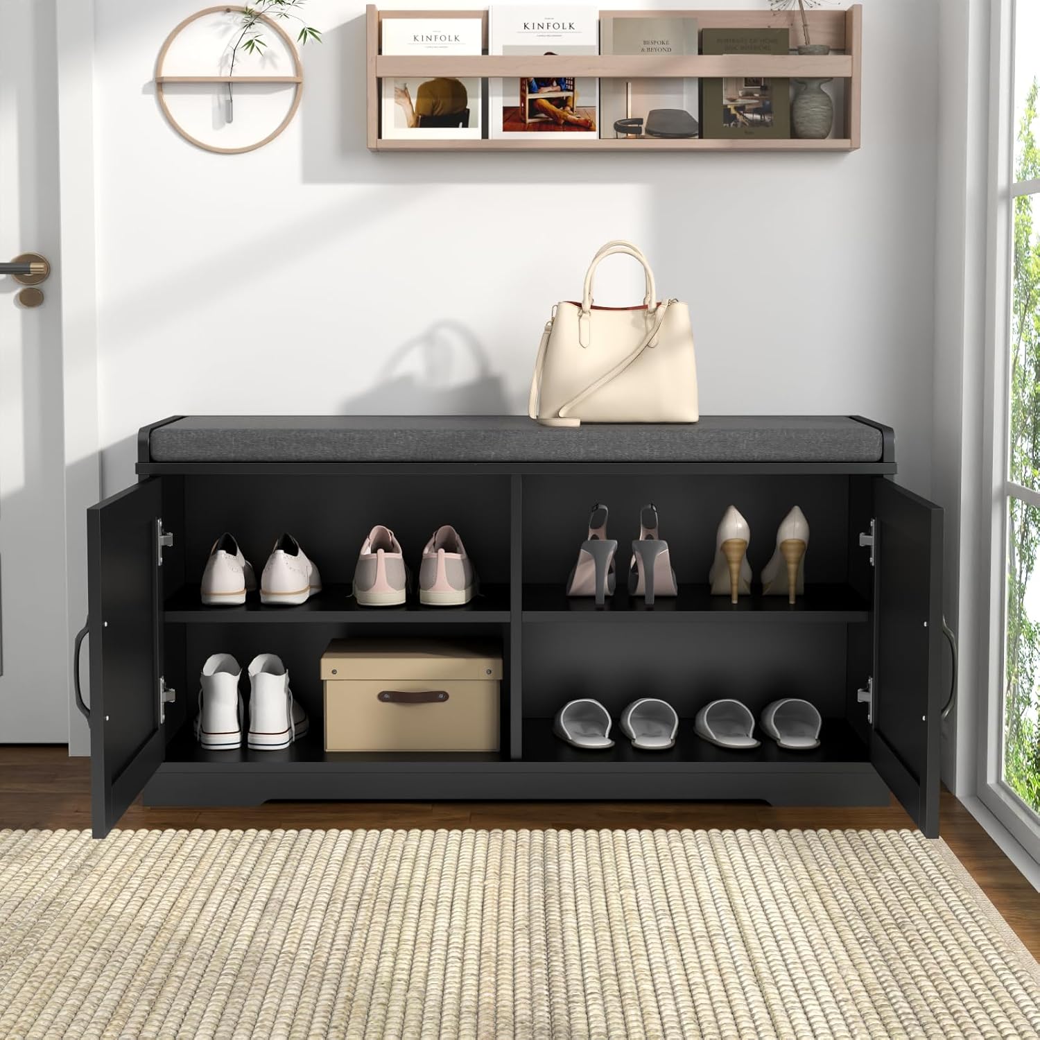 Loomie Shoe Storage Bench, 2-Tier Farmhouse Entryway Bench with Padded Seat Cushion, 13.78" D x 39.37" W x 19.69" H, Slim Shoe Cabinet Bench for Entryway, Living Room, Bedroom (Black)