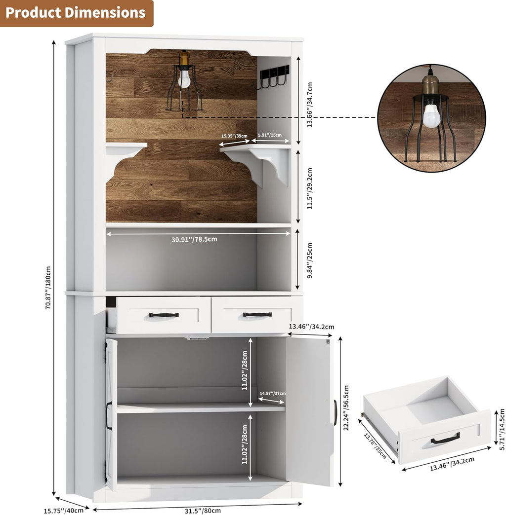 Farmhouse Coffee Bar Cabinet with Led Light - 70.8'' Tall Coffee Hutch Cabinet with Storage Drawers & Hooks, White Buffet Sideboard Cabinet with Microwave Stand, Wine Bar Cabinet for Home Pub, Kitchen