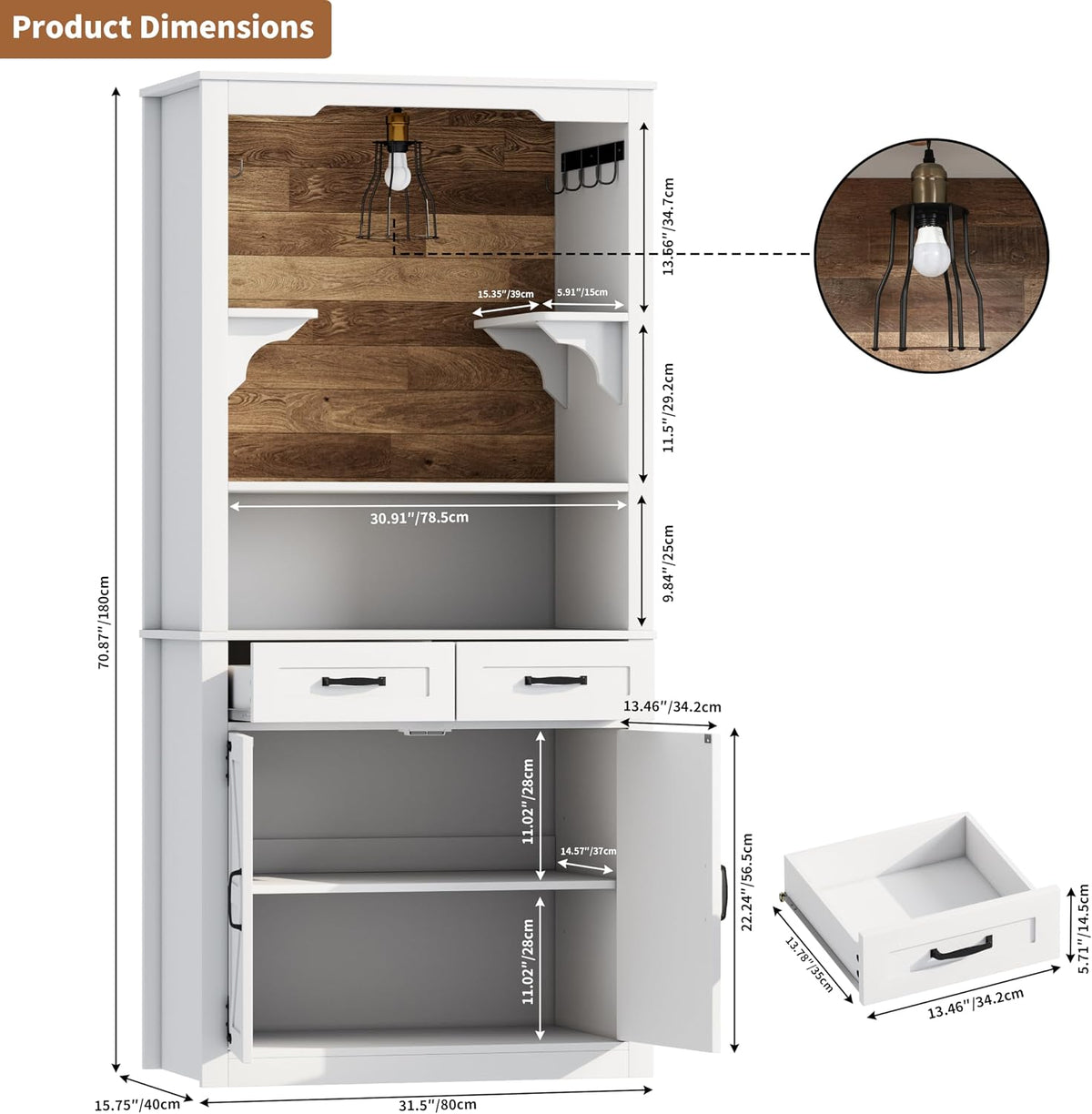 Farmhouse Coffee Bar Cabinet with Led Light - 70.8'' Tall Coffee Hutch Cabinet with Storage Drawers & Hooks, White Buffet Sideboard Cabinet with Microwave Stand, Wine Bar Cabinet for Home Pub, Kitchen