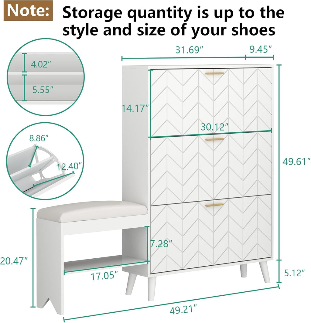 Loomie Shoe Cabinet w/3 Flip Drawers, Shoe Storage Cabinet w/Bench for Entryway, Freestanding Narrow Hidden Shoe Rack Organizer with Open Shelf & Solid Wood Legs for Hallway,Living Room,Closet,White