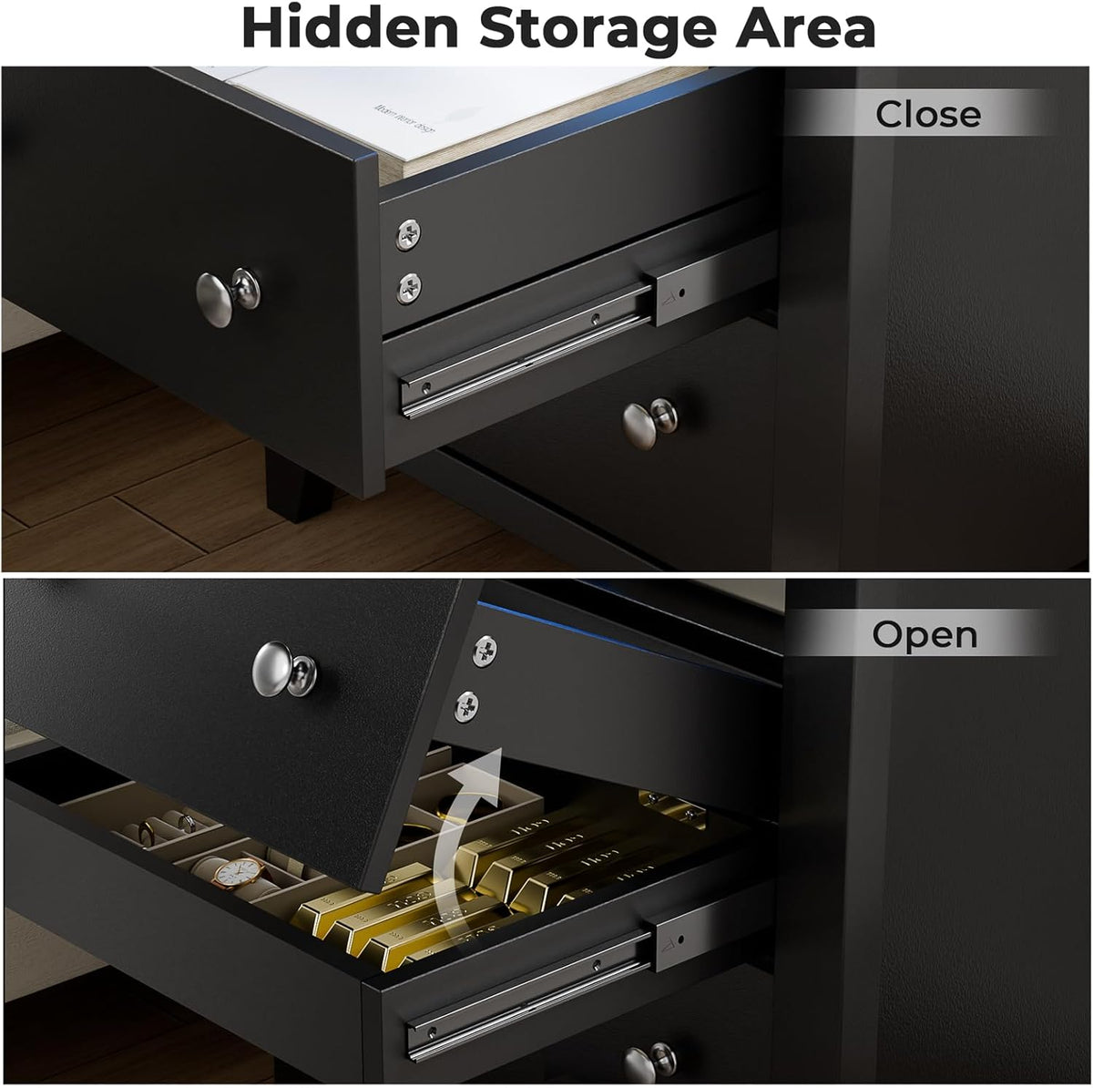 Nightstand w/Gun Drawer, Black Night Stand w/Charging Station & LED Lights