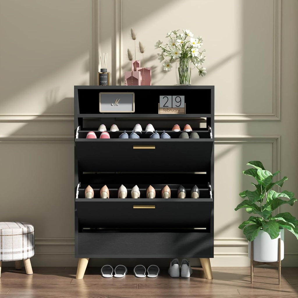 Loomie Shoe Storage Cabinet for Entryway, Free Standing Shoe Organizer with 2 Flip Drawers, Slim Narrow Hidden Shoe Rack Cabinet with Open Shelf, Shoe Cabinet for Hallway, Living Room (Black)