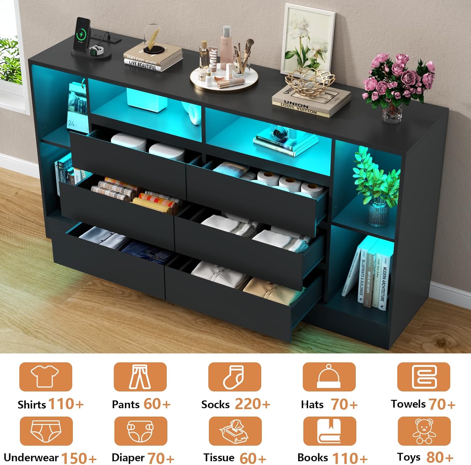 Loomie 6 Drawers Dresser with 6 Open Storage Cubbies, LED Dressers & Chests of Drawers with Power Outlet, 55" Wide Long Dresser for Bedroom, Modern TV Stand with Open Shelf (Black)