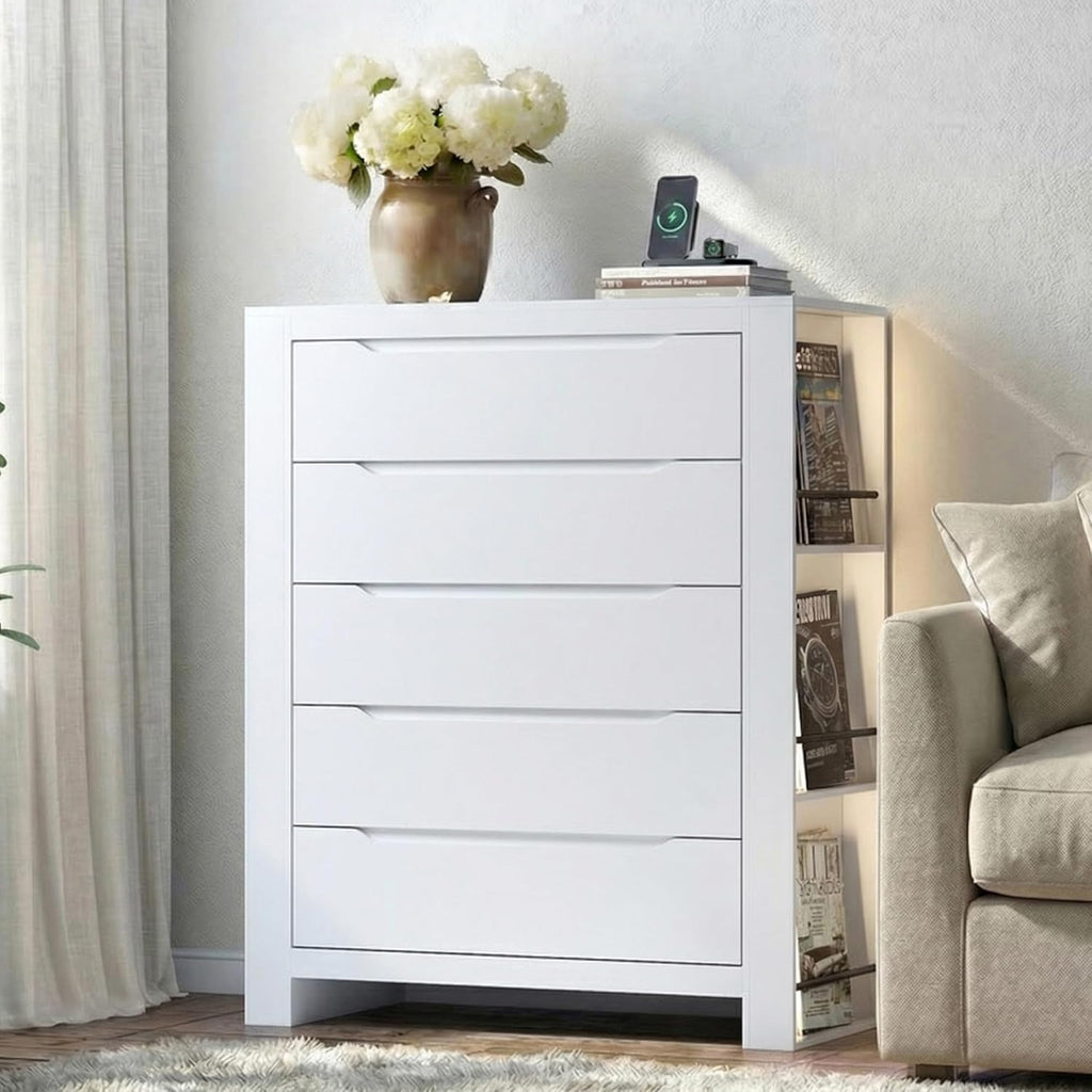 White 5 Drawers Dresser for Bedroom,Tall Modern Dressers & Chest of Drawers w/ Charging Station & LED Lights,Wood Vertical Dresser w/2 Side Storage Racks,Closet Organizer Cabinet for Living Room