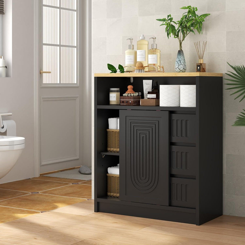 Freestanding Bathroom Storage Cabinet with 3 Drawers & Sliding Door, Black