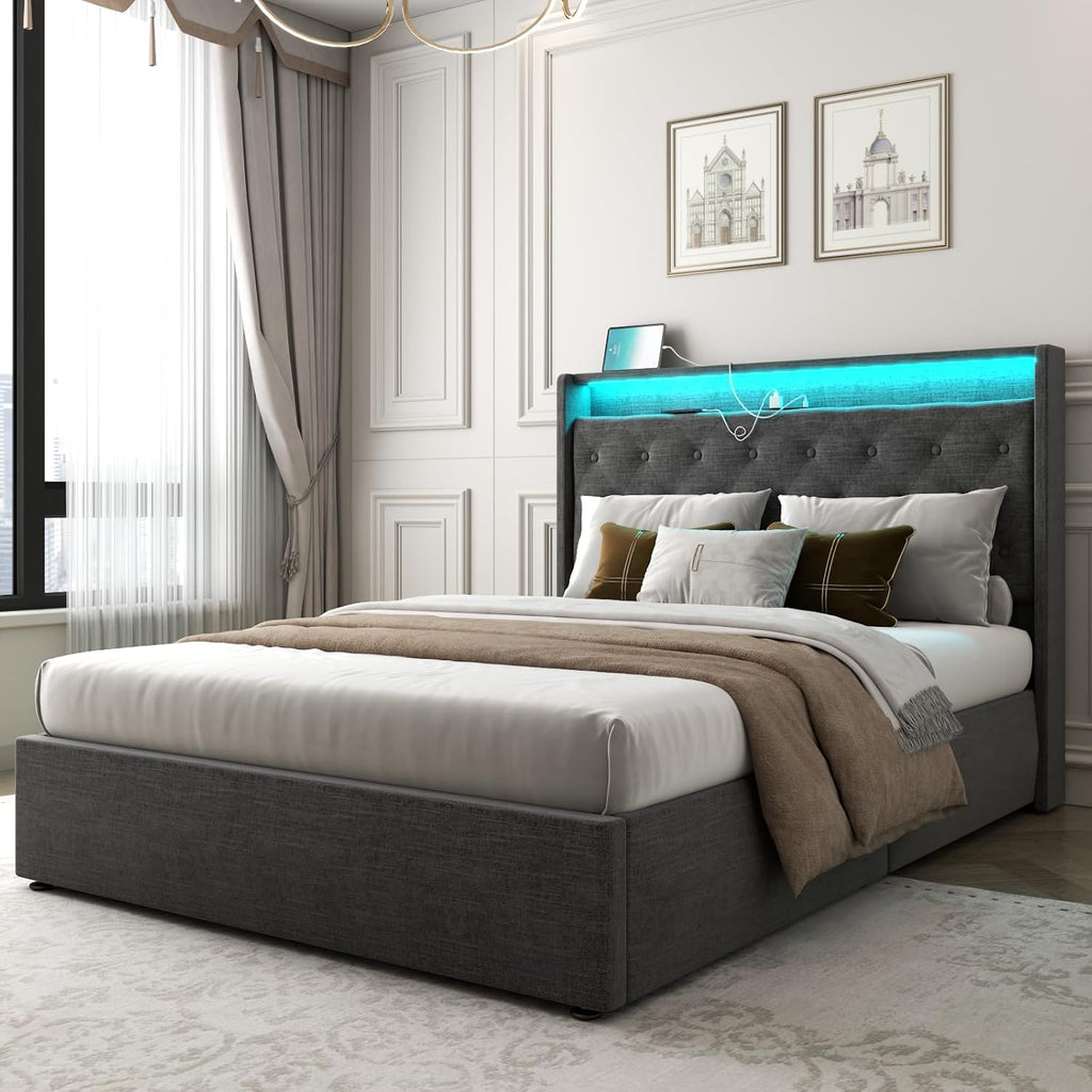 Full Lift Up Storage Bed Frame w/Charging Station & LED Lights, Dark Grey