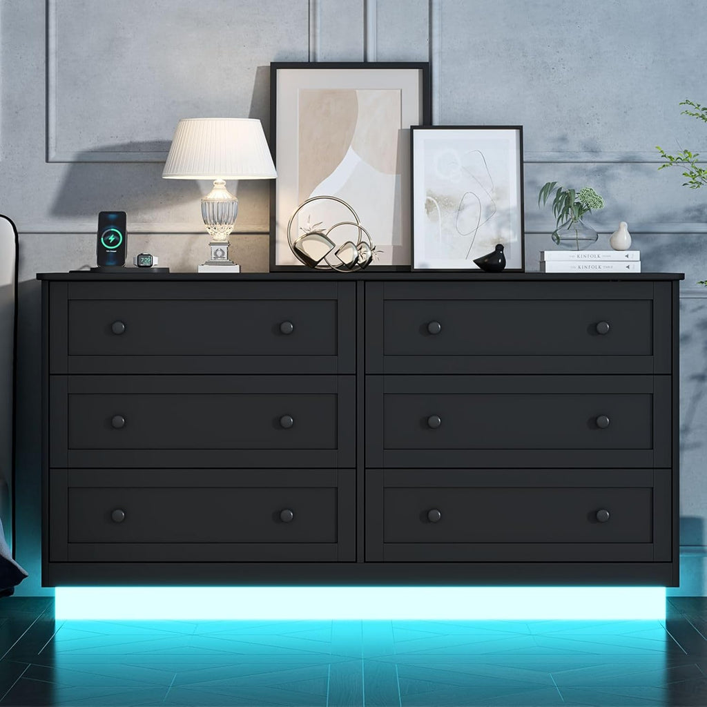 Loomie 6 Drawer Dresser with Power Outlet, Modern Chest of Drawers with Led Light, Double Wide Drawer Organizer Cabinet, Dresser for Bedroom, Living Room, Entryway (Black)