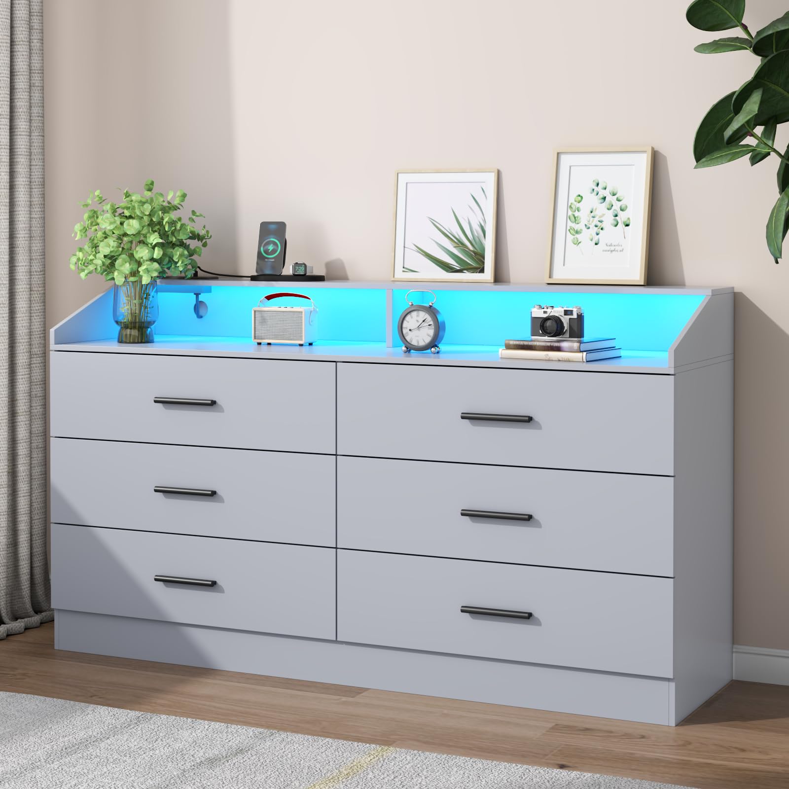 Gyfimoie 4 Drawers Dresser with Power Outlet, Chest of Drawers with LED Light, White Dresser Organizer with Open Storage Cubby, Modern Nightshatnd for Bedroom, Living Room, Entryway, Hallway