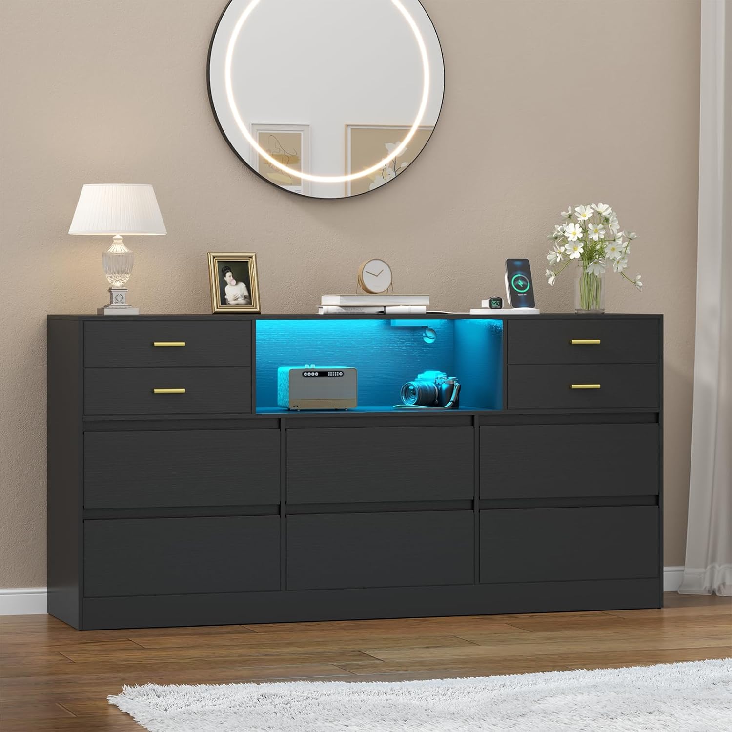 Loomie Upgraded 10 Drawer Black Dresser with Charging Station & Led Li Loomie Upgraded 10 Drawer Black Dresser with Charging Station & Led Li