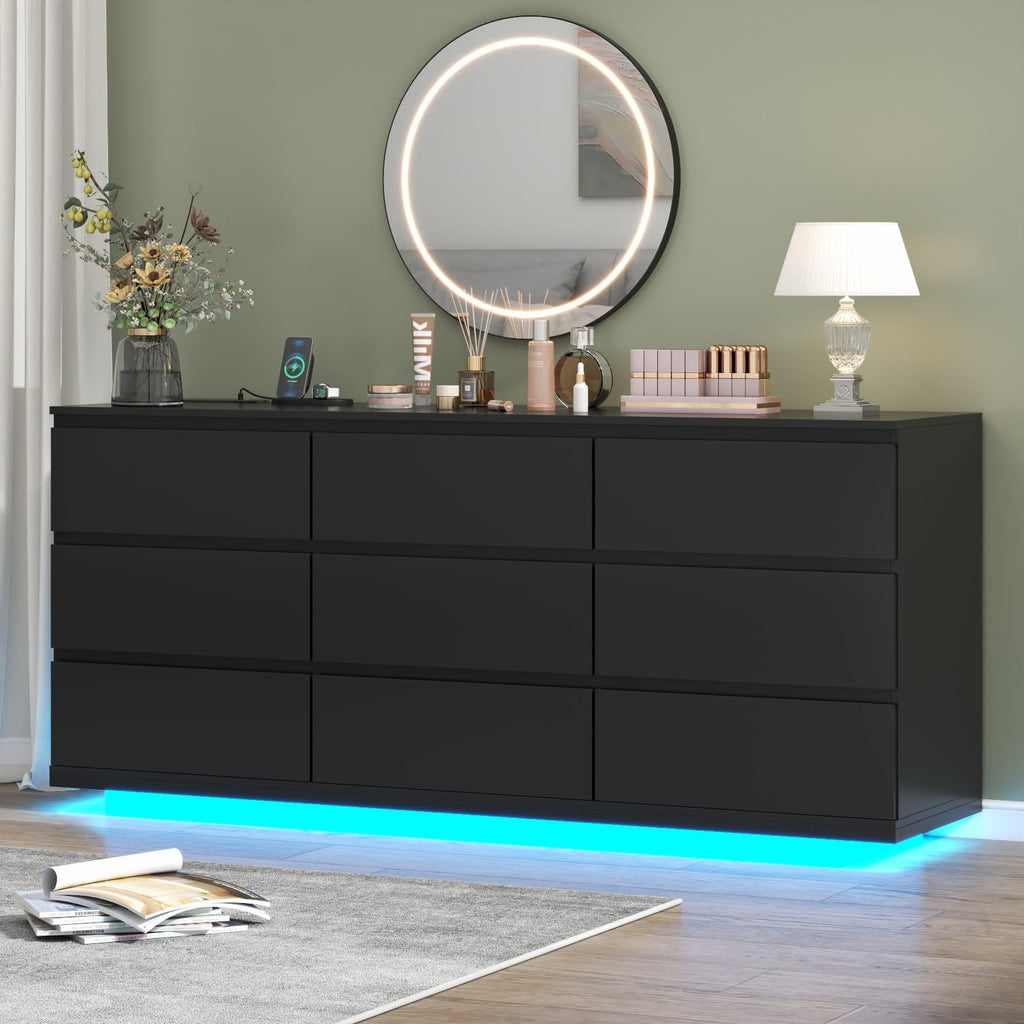 Gyfimoie 9 Drawer Dresser with Power Outlet, Floating White Dresser Chest of Drawer with LED Light,Modern Double Wide Drawer Organizer Cabinet for Bedroom,Living Room