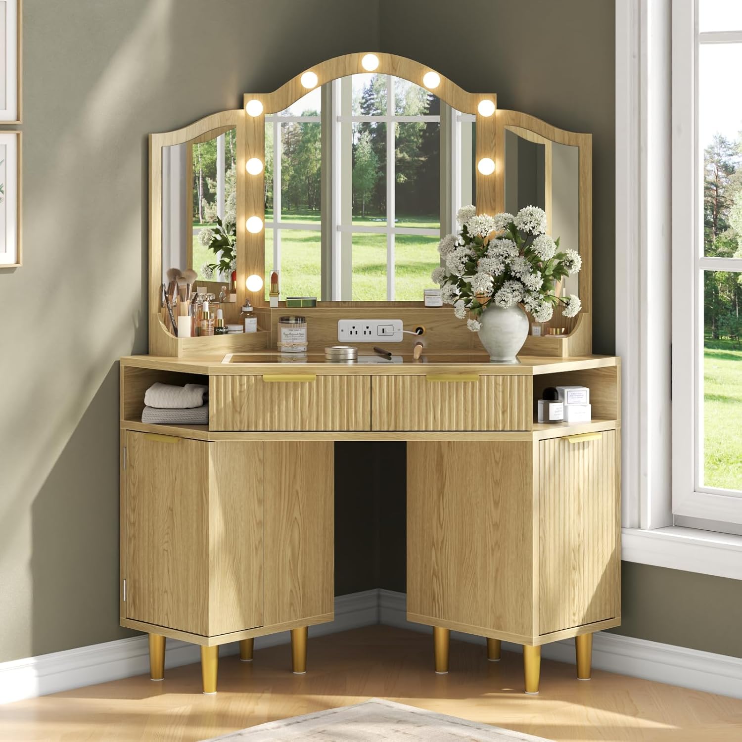 Corner Vanity Desk with 3-Color Dimmable LED Mirror, Heavy-Duty Makeup Vanity w/ Power Outlets & USB Charging, Premium Corner Makeup Table w/ Fluted Drawers & Storage Cabinet for Bedroom, Natural Oak