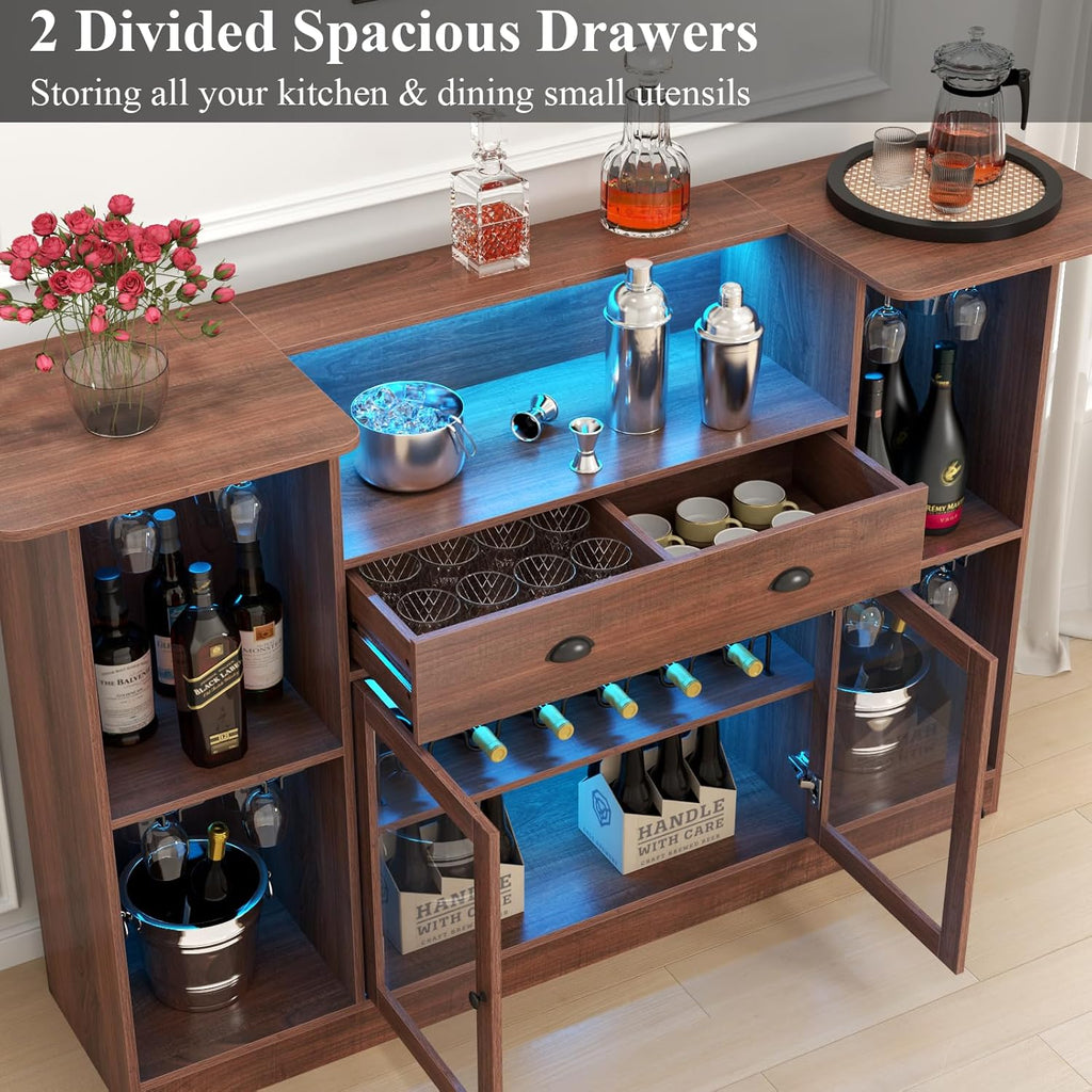 Loomie Bar Table Cabinet with LED &amp; Drawer,Mini Liquor Bar with 8-Tier Storage&amp;Stemware Holder