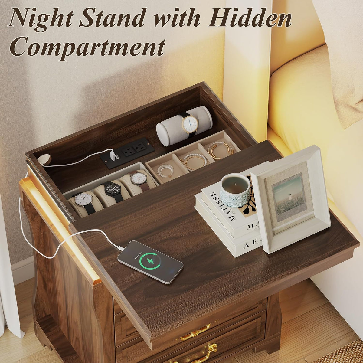 Night Stand with Hidden Gun Drawer, Walnut Bedside Table with Charge Station & LED Lights, Modern End Table with 4 Drawers, Nightstands for Bedroom, Living Room