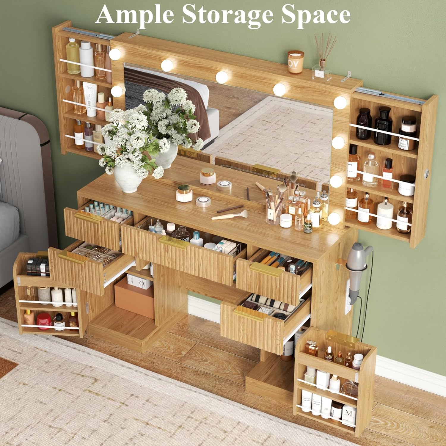 Loomie Big Fluted Vanity Desk with 36" Mirror,11 LED Lights & Power Outlet,Large Wood Makeup Vanity Table with 2 Hidden Storage Shelf, Modern Dressing Table w/5 Drawers and 2 Cabinets for Bedroom