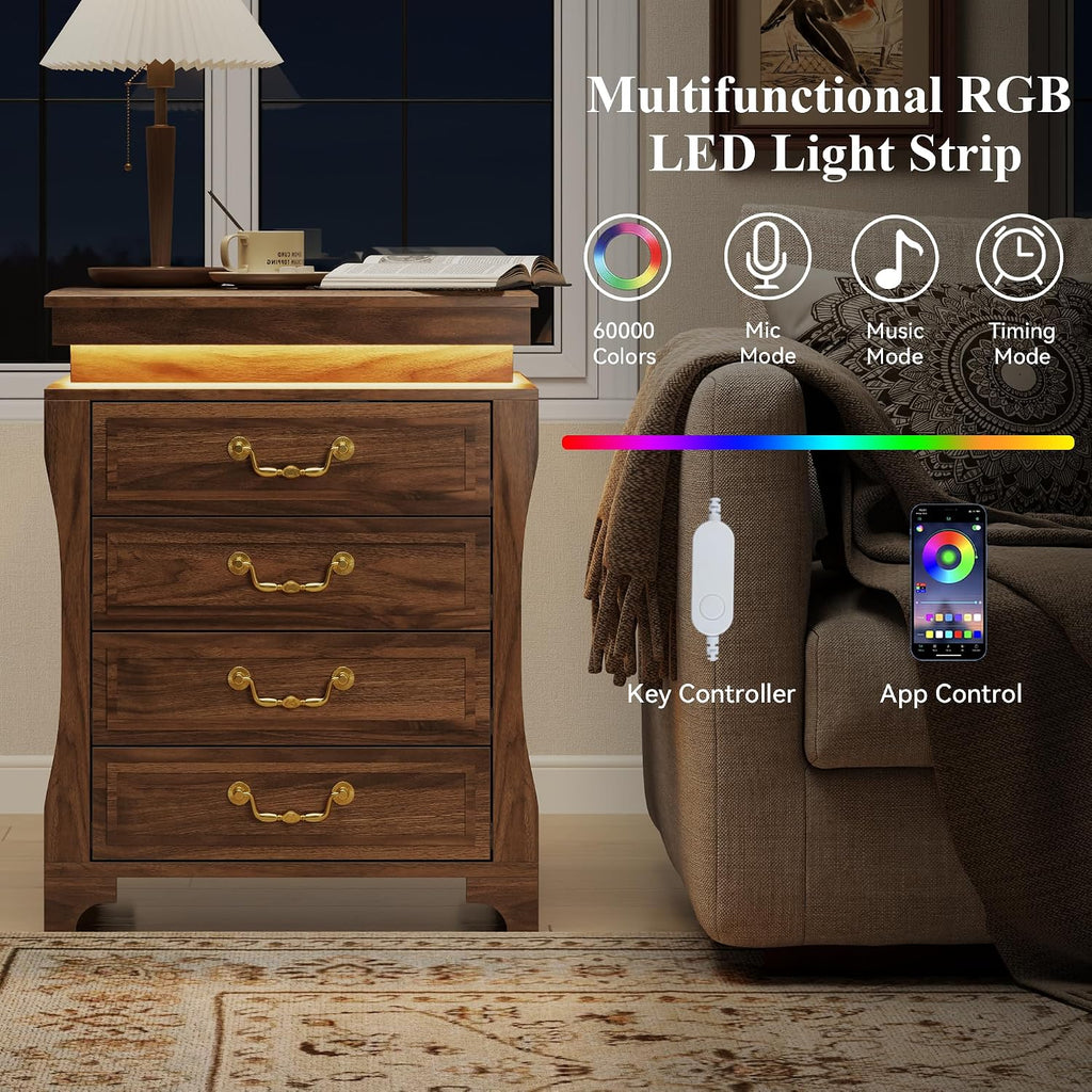 Night Stand with Hidden Gun Drawer, Walnut Bedside Table with Charge Station & LED Lights, Modern End Table with 4 Drawers, Nightstands for Bedroom, Living Room
