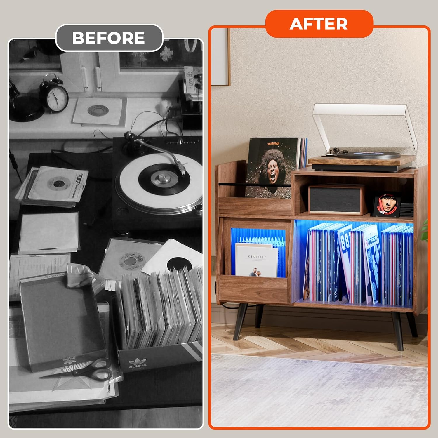 Loomie Upgraded Large Record Player Stand,Turntable Stand Shelf with with Power Outlet and LED Light,Vinyl Record Storage Cabinet Up to 350 Albums, Wood Record Player Holder Table for Living Room