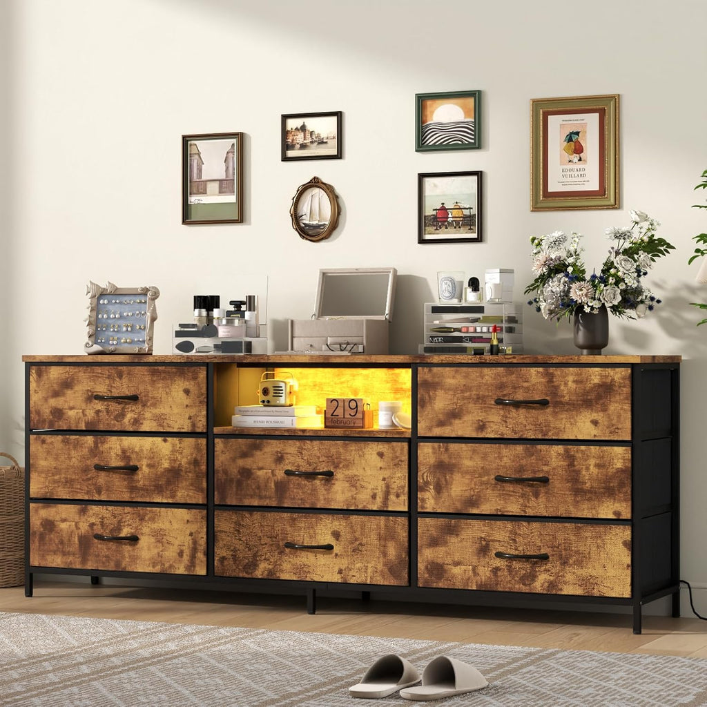 Loomie 63 Inch Dresser for Bedroom, Wide Long Fabric Dresser with LED Lights & 8 Drawers, Large TV Stand for 55, 65, 70 Inch TV, Entertainment Center with Storage (Rustic Brown)