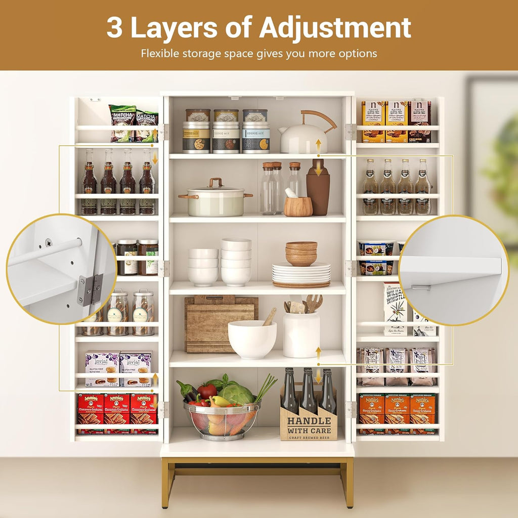 Jehiatek 51” Kitchen Pantry Storage Cabinet with Doors and Adjustable Shelves, Freestanding Pantry Cabinets, Buffet Cupboards Storage Cabinet for Home Office Use, White + Gold