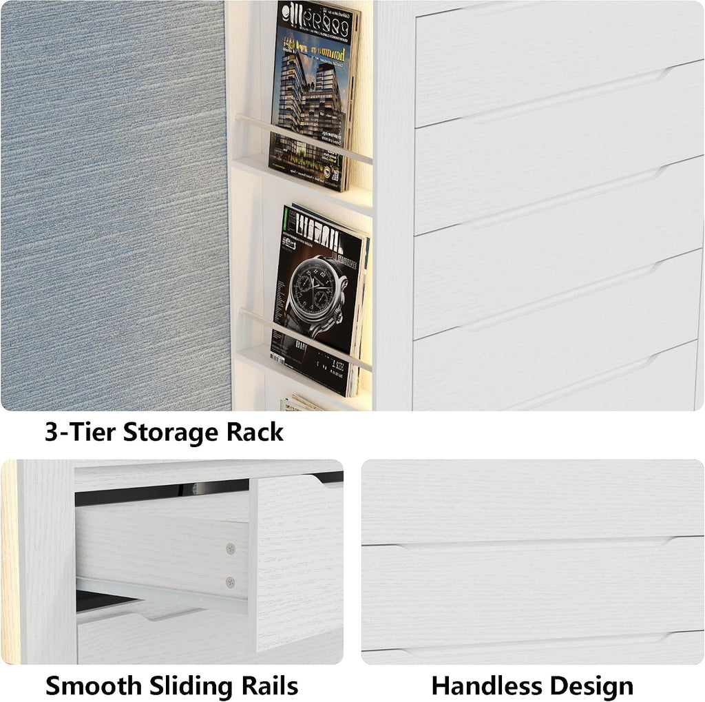 White 5 Drawers Dresser for Bedroom,Tall Modern Dressers & Chest of Drawers w/ Charging Station & LED Lights,Wood Vertical Dresser w/2 Side Storage Racks,Closet Organizer Cabinet for Living Room