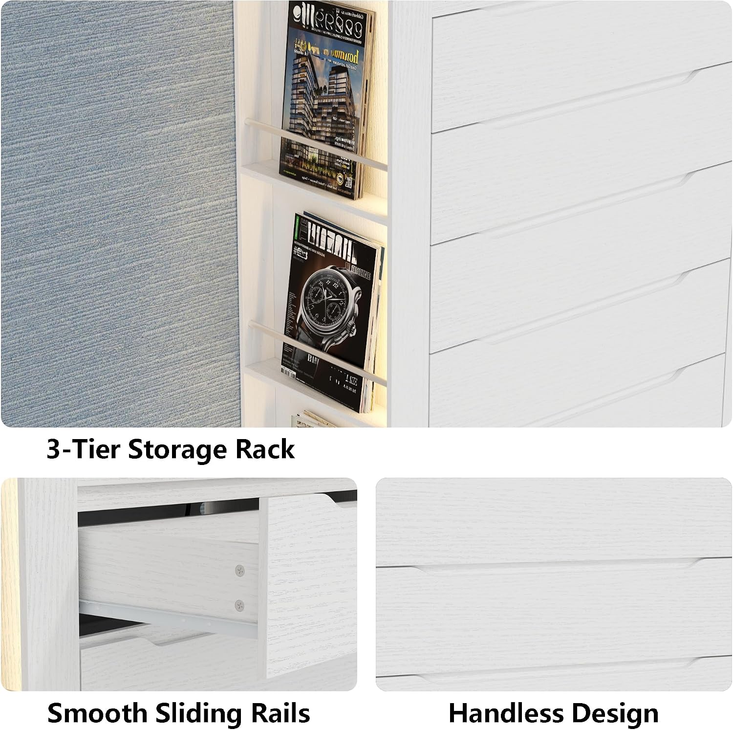 White 5 Drawers Dresser for Bedroom,Tall Modern Dressers & Chest of Drawers w/ Charging Station & LED Lights,Wood Vertical Dresser w/2 Side Storage Racks,Closet Organizer Cabinet for Living Room
