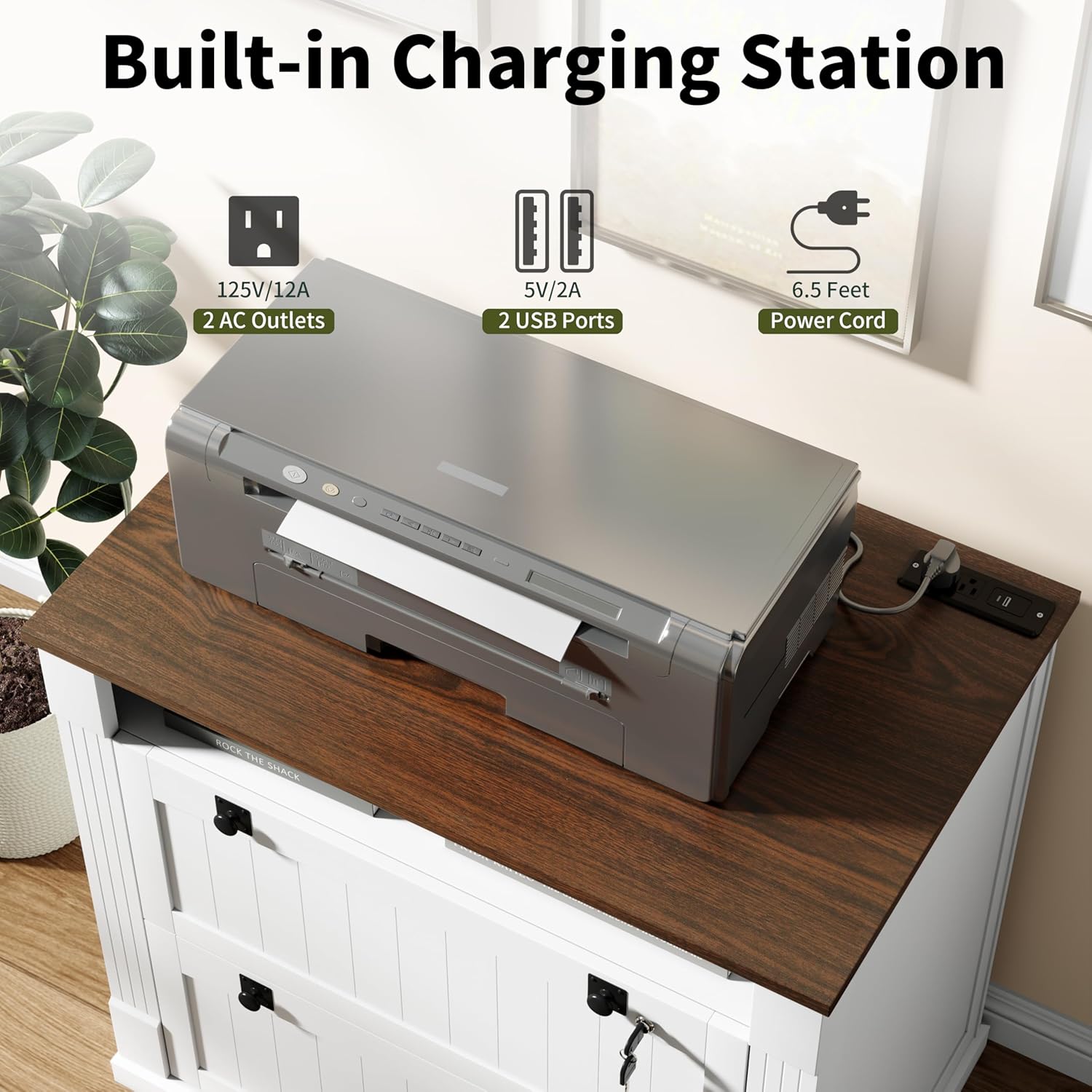 Loomie White 2 Drawer File Cabinet with Lock & Charging Station,37'' Farmhouse Lateral Filing Cabinet with Open Storage Shelves for Home Office,Wood Printer Stand for Files/Letter/Legal/A4/F4 Size