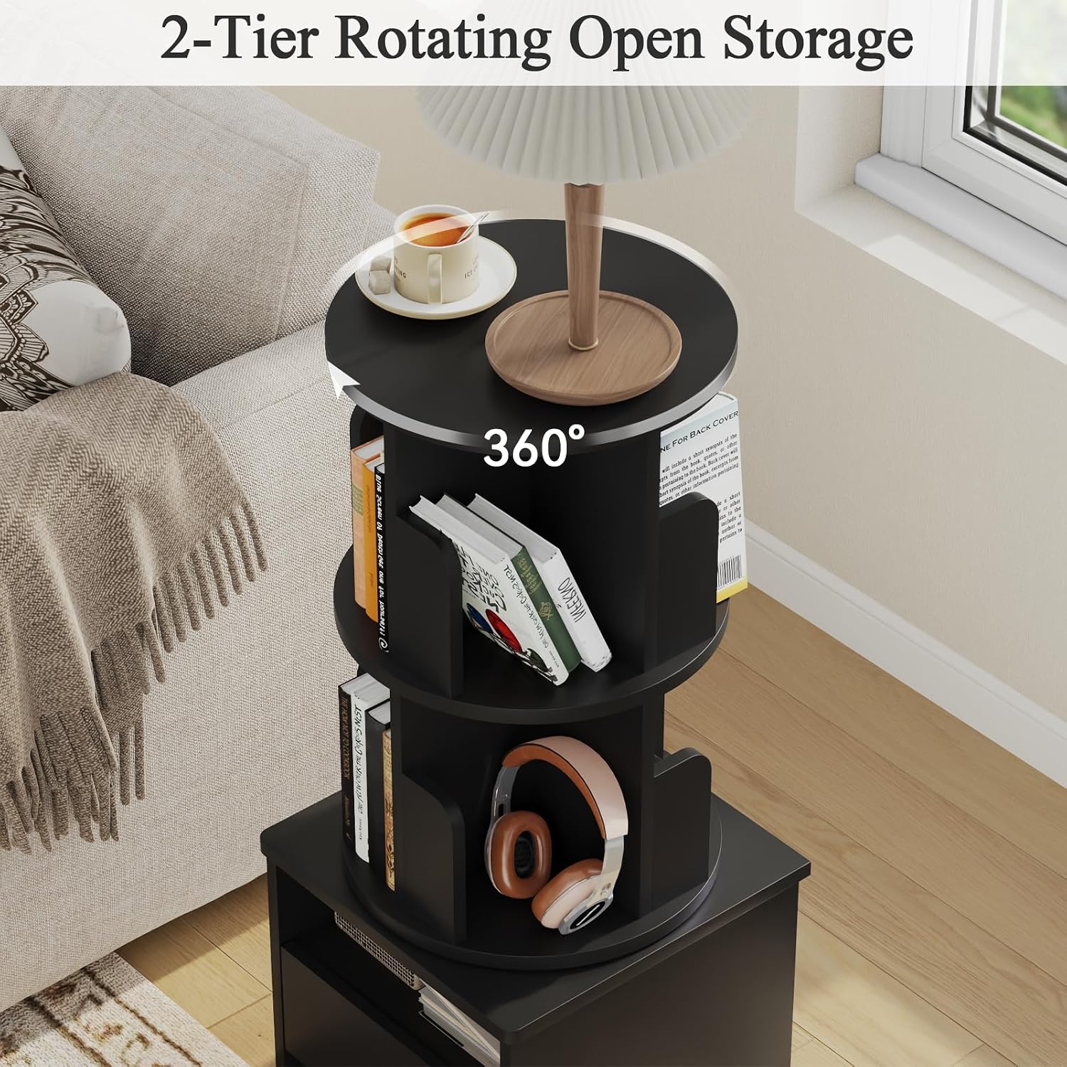 Loomie 39" Tall Nightstand with Drawer, Black Night Stand with 2 Tier Rotating Bookshelf, Bedside Table with Open Storage Shelf, End Side Table for Bedroom