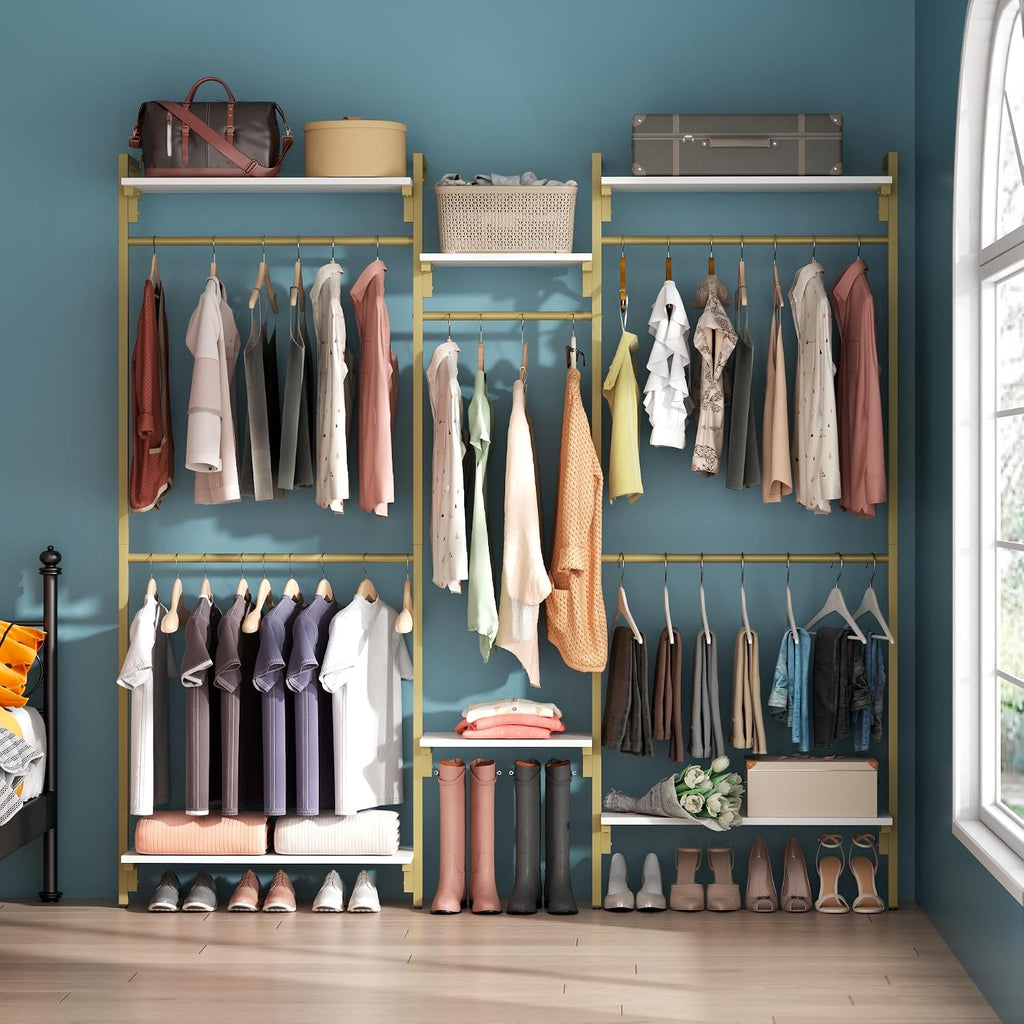 White/Gold Wall Mount Clothes Rack with 5 Hanging Rods, 6 Storage Shelves