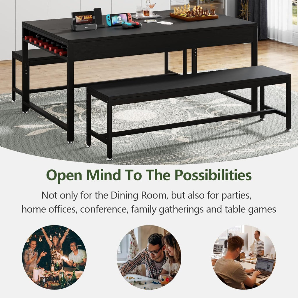 Loomie 63" Dining Table Set for 4-6, 3-Piece Kitchen Table with 2 Utensil Drawers, 2 Benches & Wine Rack, Modern Space Saving & Heavy Duty Dinner Table Set with Metal Frame & MDF Board,Black
