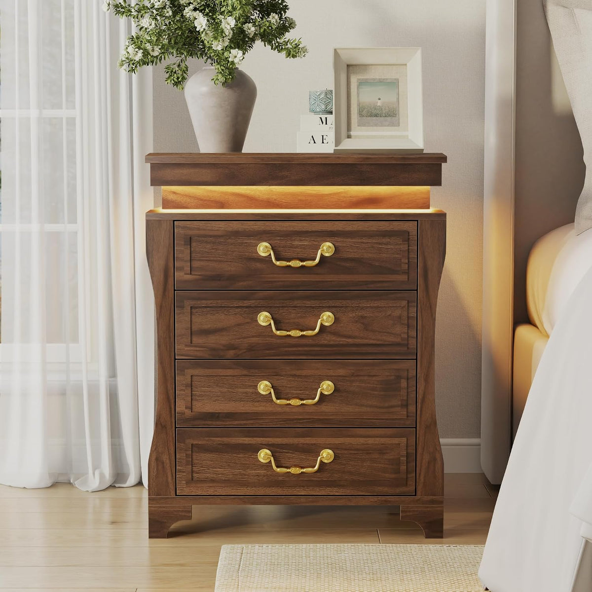 Night Stand with Hidden Gun Drawer, Walnut Bedside Table with Charge Station & LED Lights, Modern End Table with 4 Drawers, Nightstands for Bedroom, Living Room
