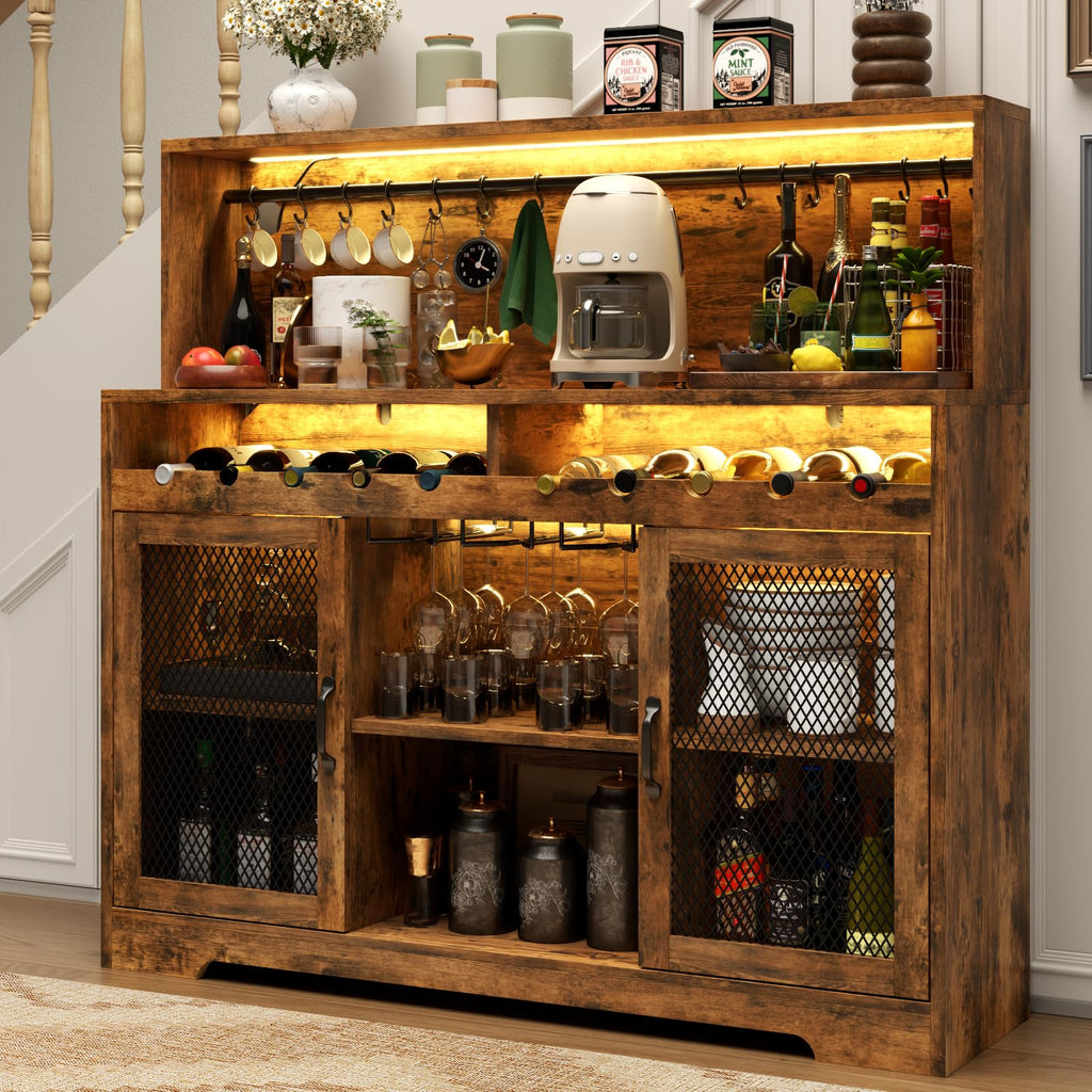 Loomie Wine Bar Cabinet with LED Light, Liquor Cabinet with Glass Holder, Coffee Bar for Liquor, Storage Buffet with Wine Racks, Wine Cabinet with Mesh Door (Black)