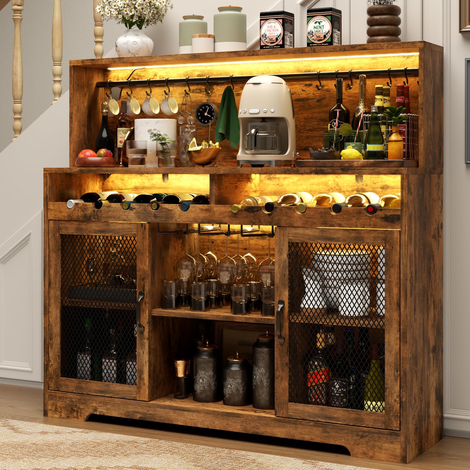 Loomie Wine Bar Cabinet with LED Light, Liquor Cabinet with Glass Holder, Coffee Bar for Liquor, Storage Buffet with Wine Racks, Wine Cabinet with Mesh Door (Black)