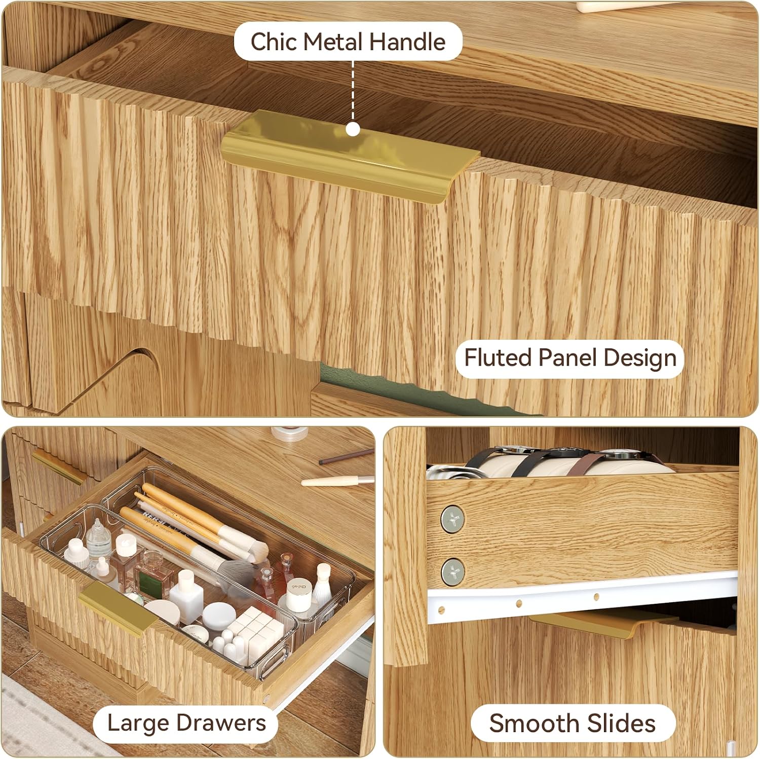 Loomie Big Fluted Vanity Desk with 36" Mirror,11 LED Lights & Power Outlet,Large Wood Makeup Vanity Table with 2 Hidden Storage Shelf, Modern Dressing Table w/5 Drawers and 2 Cabinets for Bedroom