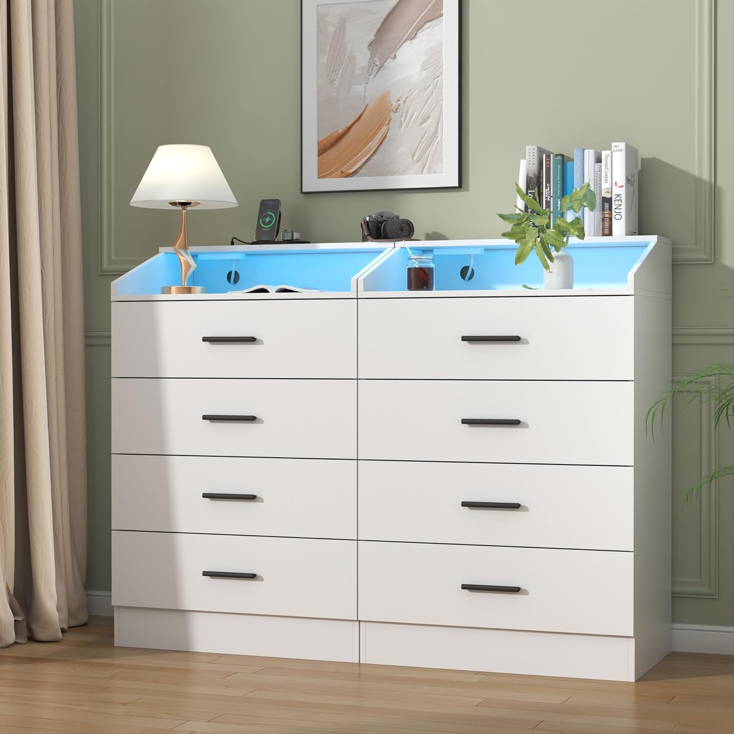 Gyfimoie 4 Drawers Dresser with Power Outlet, Chest of Drawers with LED Light, White Dresser Organizer with Open Storage Cubby, Modern Nightshatnd for Bedroom, Living Room, Entryway, Hallway