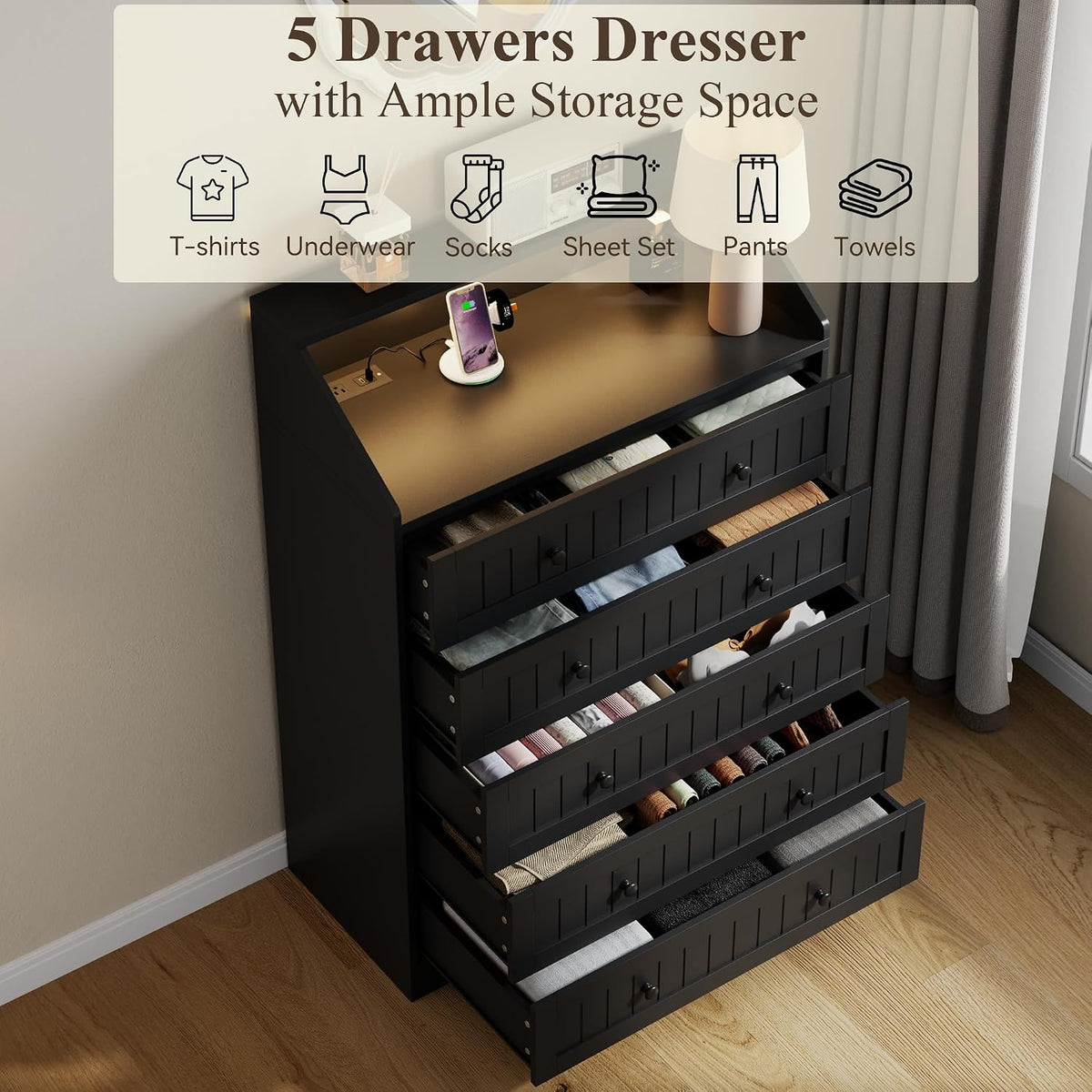 Black 5 Drawer Dresser for Bedroom, Chest of Drawers with Outlet & LED