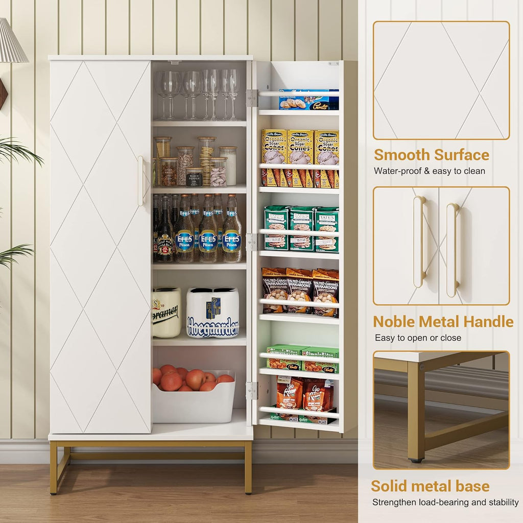 Jehiatek 51” Kitchen Pantry Storage Cabinet with Doors and Adjustable Shelves, Freestanding Pantry Cabinets, Buffet Cupboards Storage Cabinet for Home Office Use, White + Gold