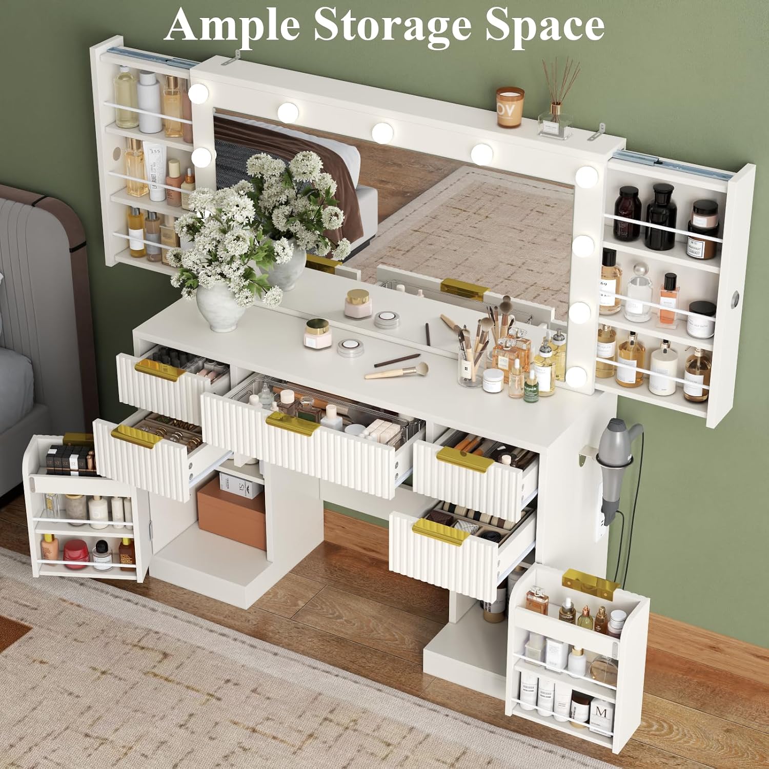 Big Fluted white Vanity Desk with 36" Mirror,11 LED Lights & Power Outlet,Large Wood Makeup Vanity Table with 2 Hidden Storage Shelf, Modern Dressing Table w/5 Drawers and 2 Cabinets for Bedroom