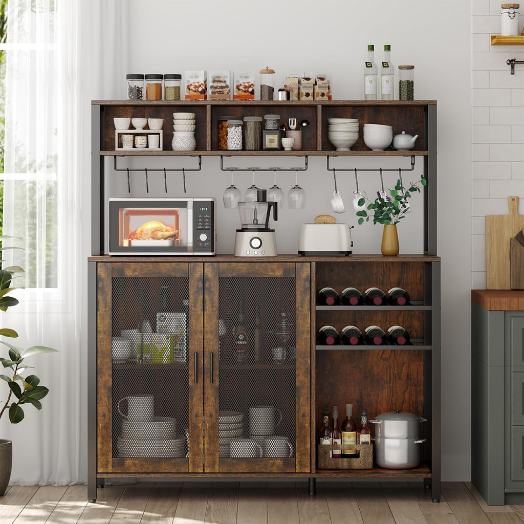 Loomie Wine Bar Cabinet with LED Light, Industrial Coffee Bar with Wine Rack & Glass Holder & 3 Compartments, Kitchen Buffet Sideboard with Storage, Liquor Cabinet, Rustic Brown