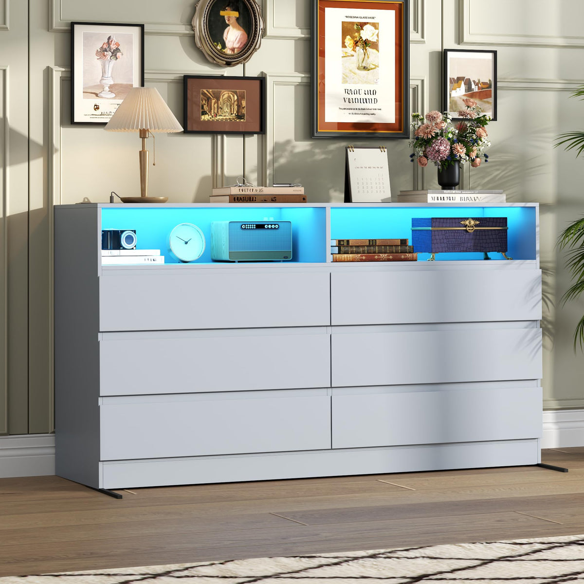63"Wide 9 Drawer Dresser for Bedroom with LED Lights & Power Outlet
