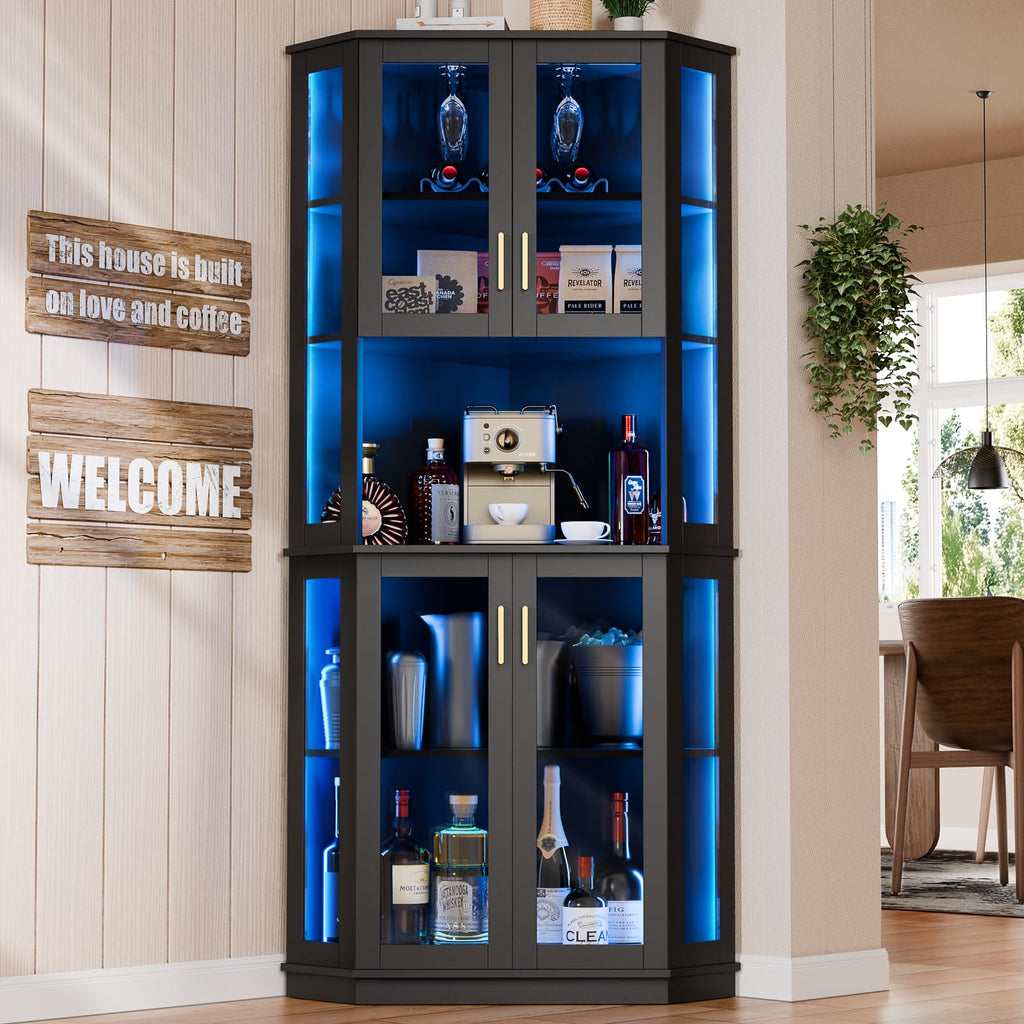 Corner Wine Bar Cabinet w/7 Color LED Lights & Human Body Sensor, 4-Tier Tall Home Liquor Coffee Bar Cabinet with Tempered Glass Doors,Curved Profile Design, Alcohol Cabinet Storage for Living Room