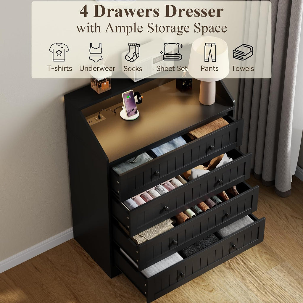 4 Drawer Dresser Bedroom,Chest of Drawers with Charging Station(Black)